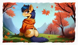 Size: 1912x1117 | Tagged: suggestive, ai content, derpibooru import, editor:paracompact, machine learning assisted, machine learning generated, stable diffusion, oc, unofficial characters only, earth pony, pony, autumn, butt, clothes, generator:purplesmart.ai, hoodie, image, leaves, looking at you, looking back, looking back at you, mountain, mountain range, plot, png, random pony, rear view, scenery, sitting, solo, tree