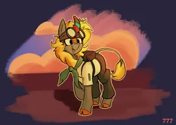 Size: 1523x1080 | Tagged: safe, artist:triplesevens, derpibooru import, oc, oc:electra pleiades, unofficial characters only, kirin, clothes, cloven hooves, image, png, smiling, solo, sunset, uniform