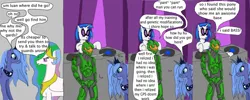 Size: 900x360 | Tagged: safe, artist:thet7770ify, derpibooru import, princess celestia, princess luna, vinyl scratch, alicorn, pony, unicorn, comic:master chief and luna hanging out, g4, armor, artifact, crossover, dialogue, female, halo (series), image, it came from deviantart, jewelry, jpeg, male, mare, master chief, misspelling, s1 luna, shocked, speech bubble, text, tiara, wat