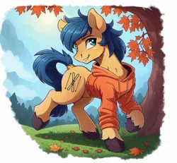 Size: 1024x946 | Tagged: safe, ai content, derpibooru import, editor:paracompact, machine learning assisted, machine learning generated, stable diffusion, oc, unofficial characters only, earth pony, pony, autumn, chest fluff, clothes, generator:purplesmart.ai, hoodie, image, leaves, looking offscreen, mountain, mountain range, palindrome get, png, random pony, rear view, scenery, solo, tree, unshorn fetlocks