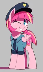 Size: 526x890 | Tagged: safe, artist:thebatfang, derpibooru import, oc, oc:sweet serving, unofficial characters only, pegasus, pony, clothes, female, freckles, gray background, hat, image, looking at you, mare, necktie, one eye closed, pegasus oc, png, police officer, police uniform, shirt, simple background, smiling, smiling at you, solo, wings, wink, winking at you