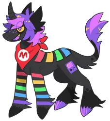 Size: 500x550 | Tagged: safe, artist:catastrophyte, derpibooru import, oc, unofficial characters only, pony, unicorn, bandana, black tail, colored sclera, cutie mark, freckles, full body, game boy, horn, image, leg stripes, leonine tail, multicolored coat, open mouth, open smile, png, purple eyes, purple mane, purple mouth, purple tail, simple background, smiling, solo, stripes, super mario bros., tail, transparent background, unicorn oc, video game console, yellow sclera