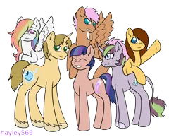 Size: 2836x2203 | Tagged: safe, artist:hayley566, derpibooru import, oc, oc:aurora mist, oc:feather shield, oc:homity pie, oc:jupiter apple, oc:stardust trailblazer, oc:tough diamond, unofficial characters only, dracony, earth pony, hybrid, pegasus, pony, unicorn, commission, female, grin, group, hair over one eye, high res, image, interspecies offspring, male, mare, multicolored hair, next generation, offspring, parent:applejack, parent:cheese sandwich, parent:donut joe, parent:double diamond, parent:flash sentry, parent:fluttershy, parent:pinkie pie, parent:rainbow dash, parent:rarity, parent:spearhead, parent:spike, parent:twilight sparkle, parents:applejoe, parents:cheesepie, parents:doubledash, parents:flashlight, parents:sparity, parents:spearshy, png, rainbow hair, signature, simple background, smiling, stallion, transparent background