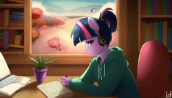 Size: 896x512 | Tagged: safe, ai content, derpibooru import, machine learning generated, novelai, stable diffusion, twilight sparkle, anthro, g4, book, bookshelf, chair, clothes, desk, female, headphones, hoodie, image, lighting, lofi girl, lofi hip hop radio - beats to relax/study to, looking at you, paper, png, room, solo, warm, wood, writing