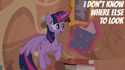 Size: 1920x1080 | Tagged: safe, derpibooru import, edit, edited screencap, editor:quoterific, screencap, twilight sparkle, twilight sparkle (alicorn), alicorn, pony, castle mane-ia, g4, book, flying, golden oaks library, image, library, png, solo