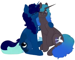 Size: 3300x2652 | Tagged: safe, artist:calibykitty, derpibooru import, oc, oc:midnight specter, oc:nightlight canvas, unofficial characters only, alicorn, pony, unicorn, derpibooru community collaboration, 2023 community collab, cheek squish, cheek to cheek, duo, eyelashes, eyes closed, female, folded wings, freckles, glasses, high res, hug, hugging a pony, image, long hair, long mane, long tail, multicolored hair, multicolored mane, multicolored tail, png, raised hoof, siblings, simple background, sisters, sitting, squishy cheeks, tail, transparent background, wings