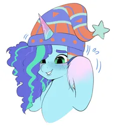 Size: 1089x1158 | Tagged: safe, artist:aztrial, derpibooru import, pony, unicorn, g5, blushing, curly mane, cute, female, freckles, grin, happy, hat, image, jpeg, mare, markings, misty brightdawn, mistybetes, simple background, smiling, solo, unshorn fetlocks, white background, winter, winter hat