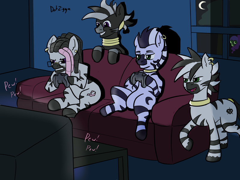 Size: 3644x2731 | Tagged: safe, artist:datzigga, derpibooru import, pinkie pie, oc, oc:dizzy, oc:midnight rambler, oc:moonlight miles, oc:tattoo you, zebra, g4, controller, couch, ear piercing, earring, glasses, goggles, hanging out, high res, image, jewelry, moon, night, night vision goggles, piercing, png, video game, zebra oc