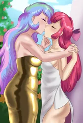 Size: 1382x2048 | Tagged: suggestive, artist:thebrokencog, derpibooru import, apple bloom, princess celestia, human, g4, age difference, big breasts, bow, breasts, busty apple bloom, busty princess celestia, clothes, commission, crack shipping, dancing, dream, dress, duo, duo female, eyes closed, eyeshadow, fantasy, female, females only, garden, gold dress, hair bow, humanized, image, kiss on the lips, kissing, lesbian, makeup, minidress, multicolored hair, older, older apple bloom, png, sequins, ship:celestibloom, shipping, tight clothing