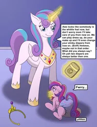 Size: 779x1026 | Tagged: suggestive, artist:diaperednight, derpibooru import, princess cadance, princess flurry heart, alicorn, pony, g4, age difference, age progression, age regression, age swap, blank flank, crown, dialogue, diaper, diaper fetish, diaper usage, female, fetish, filly, foal, image, jewelry, jpeg, levitation, magic, messy diaper, older, pacifier, poop, pooping, pooping in diaper, poopy diaper, regalia, role reversal, telekinesis, used diaper, younger