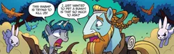 Size: 1334x415 | Tagged: safe, artist:tonyfleecs, derpibooru import, idw, rockhoof, stygian, bird, earth pony, pony, rabbit, unicorn, g4, spoiler:comic, animal, cloak, clothes, dialogue, duo, image, jpeg, legends of magic #8, male, my little pony: legends of magic, speech bubble, stallion