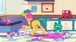 Size: 3072x1727 | Tagged: safe, derpibooru import, screencap, hitch trailblazer, sparky sparkeroni, dragon, earth pony, pony, g5, my little pony: tell your tale, spoiler:g5, spoiler:my little pony: tell your tale, spoiler:tyts01e40, baby, baby dragon, duo, duo male, eyes closed, frown, high res, image, jpeg, male, open mouth, open smile, secret canter, smiling, stallion, youtube link