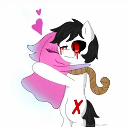 Size: 1280x1280 | Tagged: semi-grimdark, artist:foxx_grey_art, derpibooru import, oc, oc:black fox, earth pony, ghost, pony, undead, black mane, blood, crying, duo, earth pony oc, heart, hug, image, jpeg, noose, red eyes, simple background, tears of blood, white background, white coat