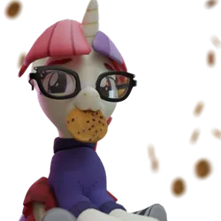 Size: 2160x2160 | Tagged: safe, artist:the luna fan, derpibooru import, moondancer, pony, g4, 3d, choker, clothes, cookie, derpibooru exclusive, food, glasses, high res, image, looking at you, mouth hold, png, simple background, sitting, skirt, socks, solo, striped socks, sweater, transparent background