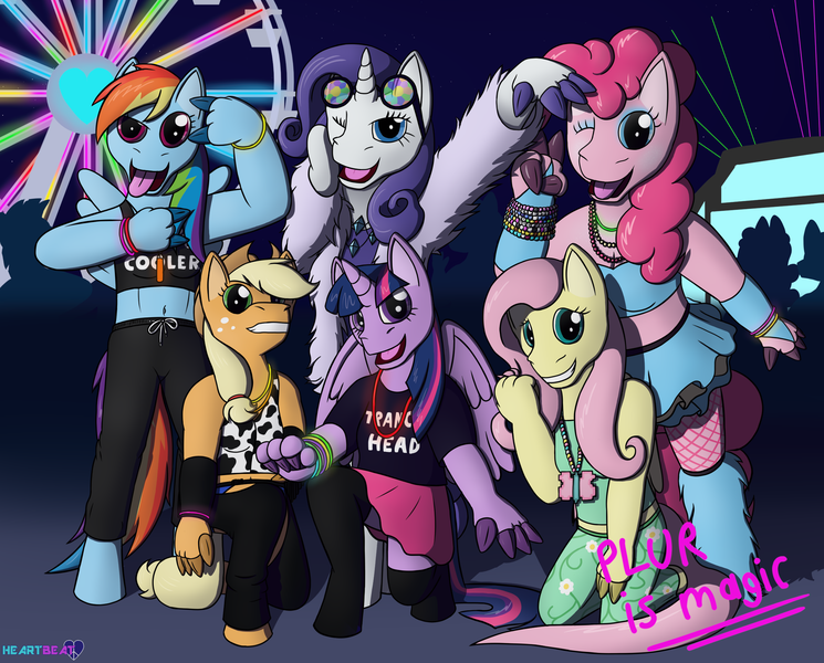 Size: 2360x1900 | Tagged: safe, artist:passionpanther, derpibooru import, applejack, fluttershy, pinkie pie, rainbow dash, rarity, twilight sparkle, alicorn, anthro, earth pony, pegasus, unicorn, series:plur is magic, g4, clothes, glowstick, group photo, group picture, image, leotard, mane six, music festival, party, png, rave, socks, thigh highs