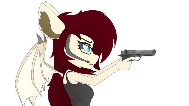 Size: 3840x2160 | Tagged: safe, artist:straighttothepointstudio, derpibooru import, oc, unofficial characters only, anthro, bat pony, g5, aiming, anthro oc, bat pony oc, bat wings, beretta, clothes, determined, digital art, female, focus, glasses, gun, handgun, headset, high res, image, m9, pistol, png, simple background, solo, tanktop, transparent background, weapon, wings