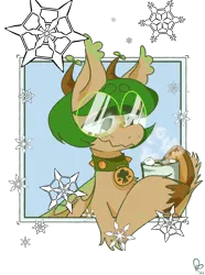 Size: 900x1210 | Tagged: safe, artist:pagophasia, derpibooru import, oc, oc:hortis culture, unofficial characters only, hybrid, pony, bust, chocolate, collar, derpibooru exclusive, food, frog (hoof), glasses, hoof hold, horns, hot chocolate, image, leaf, looking down, marshmallow, mug, nonbinary, png, round glasses, simple background, smiling, snow, snowflake, solo, transparent background, underhoof, unshorn fetlocks, wings