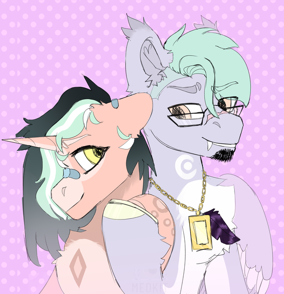 Size: 2980x3075 | Tagged: safe, artist:medkit, derpibooru import, oc, oc:hako, oc:mira warm magic, unofficial characters only, pegasus, pony, unicorn, bandaid, bandaid on nose, beard, big eyes, chest fluff, couple, dots, duo, ear fluff, eyes open, facial hair, fangs, feather, female, fluffy, glasses, hair over one eye, high res, hoof on hoof, horn, image, jewelry, looking at each other, looking at someone, male, mare, multicolored hair, paint tool sai 2, pair, pattern, pendant, png, raised hoof, rough sketch, scar, short mane, sitting, sketch, smiling, stallion, tassels, teeth, wings