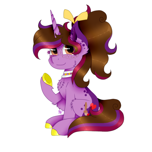 Size: 1000x1000 | Tagged: safe, artist:kathepart, derpibooru import, oc, oc:kathepaint, unofficial characters only, pony, unicorn, derpibooru community collaboration, 2023 community collab, brown eyes, chest fluff, collar, ear fluff, freckles, hair bun, image, png, simple background, sitting, solo, transparent background