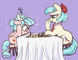 Size: 3000x2300 | Tagged: safe, artist:t72b, derpibooru import, coco pommel, cozy glow, earth pony, pegasus, pony, g4, blushing, book, bow, chess, chessboard, duo, duo female, female, filly, flower, flower in hair, foal, frown, frustrated, hair bow, high res, hoof on chin, hoof on head, image, implied anal insertion, implied cheating, implied insertion, lip bite, mare, necktie, png, scrunchy face, sitting, sweat, sweatdrop, table