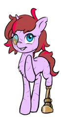 Size: 896x1792 | Tagged: safe, artist:multiverseequine, derpibooru import, oc, oc:vanity, unofficial characters only, pony, unicorn, amputee, derpibooru exclusive, female, full body, glow, glowing eyes, horn, image, multicolored hair, png, prosthetic eye, prosthetic leg, prosthetic limb, prosthetics, raised hoof, scar, simple background, smiling, solo, torn ear, transparent background, unicorn oc