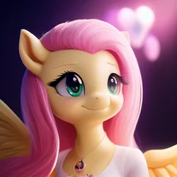 Size: 1024x1024 | Tagged: safe, ai content, derpibooru import, generator:lucidpony:sd is magic 2, machine learning generated, stable diffusion, fluttershy, anthro, pegasus, g4, cute, green eyes, image, jewelry, jpeg, looking away, necklace, prompt in description, prompter:marusame, shyabetes, simple background, smiling, solo, white shirt, wings