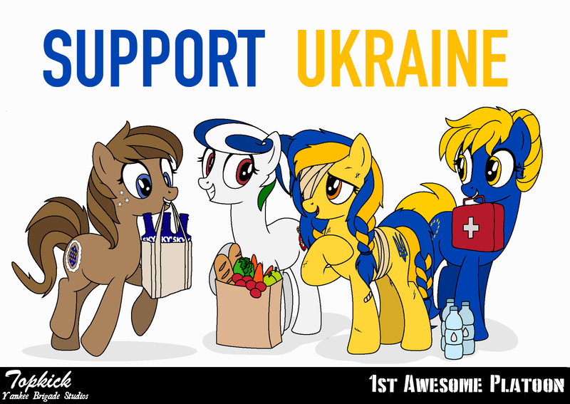 Size: 2048x1452 | Tagged: artist needed, safe, derpibooru import, oc, oc:ukraine, ponified, earth pony, pony, 1st awesome platoon, comments locked down, current events, european union, first aid kit, group, image, injured, nation ponies, png, politics, ukraine, united states