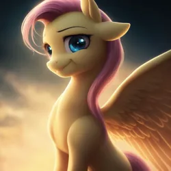 Size: 1024x1024 | Tagged: safe, ai content, derpibooru import, generator:lucidpony:sd is magic 2, machine learning generated, stable diffusion, fluttershy, pegasus, pony, g4, backlighting, blue eyes, concave belly, cute, female, image, jpeg, large wings, looking at you, looking forward, mare, missing wing, multiple ears, pink mane, prompt in description, prompter:marusame, shyabetes, simple background, sitting, slender, smiling, solo, spread wings, thin, three quarter view, wings