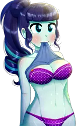 Size: 683x1024 | Tagged: suggestive, artist:the-butch-x, derpibooru import, coloratura, human, equestria girls, g4, beautiful, belly, belly button, biting, blue eyes, blue hair, blushing, breasts, cleavage, clothes, equestria girls-ified, female, humanized, image, long hair, panties, png, ponytail, purple underwear, shirt, shirt lift, simple background, solo, stomach, sweat, teeth, transparent background, underwear, upper body