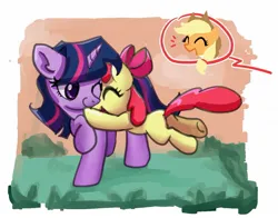 Size: 1323x1039 | Tagged: safe, artist:brella, derpibooru import, apple bloom, applejack, twilight sparkle, earth pony, pony, unicorn, g4, apple bloom's bow, bow, cloud, cowboy hat, female, filly, floppy ears, foal, hair bow, hat, hug, image, jpeg, mare, request, sky, stetson, trio, unicorn twilight