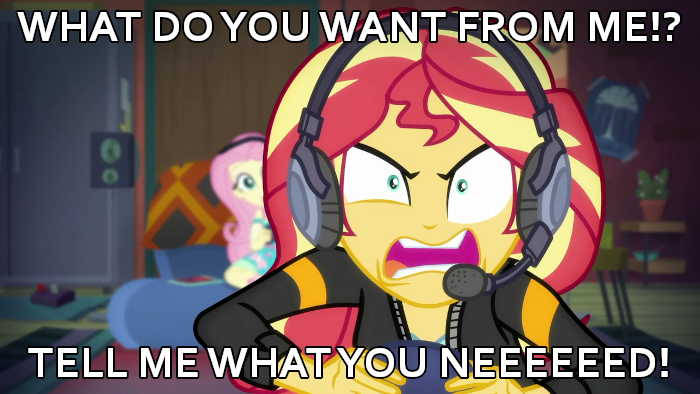 Size: 700x394 | Tagged: safe, derpibooru import, edit, edited screencap, screencap, fluttershy, sunset shimmer, human, equestria girls, g4, game stream, spoiler:eqg series (season 2), caption, female, gamer sunset, gamershy, headphones, headset, image, image macro, meme, my little pony equestria girls: better together, pinpoint eyes, png, psycho gamer sunset, rage, rageset shimmer, tell me what you need, text