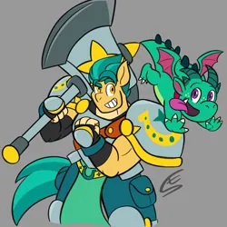 Size: 1920x1920 | Tagged: safe, artist:speed-fiend, derpibooru import, hitch trailblazer, sparky sparkeroni, anthro, dragon, earth pony, g5, armor, axe, baby, baby dragon, battle axe, dungeons and dragons, duo, fantasy class, gray background, grin, image, jpeg, knight, male, muscles, muscular male, paladin, pauldron, pen and paper rpg, rpg, shredded hitch, signature, simple background, smiling, warrior, weapon