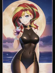 Size: 512x682 | Tagged: suggestive, ai content, derpibooru import, editor:sammykun, machine learning generated, novelai, stable diffusion, sunset shimmer, human, equestria girls, g4, bare shoulders, beach, beautiful, belly button, black dress, breasts, busty sunset shimmer, cleavage, clothes, cloud, dress, drink, female, humanized, image, jpeg, legs together, looking at you, moon, night, ocean, ponytail, sleeveless, smiling, solo, solo female, tight clothing, water