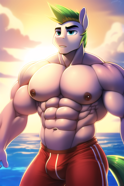 Size: 512x768 | Tagged: suggestive, ai content, derpibooru import, machine learning generated, novelai, stable diffusion, oc, unofficial characters only, anthro, earth pony, pony, abs, anthro oc, beach, biceps, bodybuilder, clothes, crotch bulge, deltoids, earth pony oc, image, looking at you, male, male nipple piercing, male nipples, muscles, muscular male, nipple piercing, nipples, nudity, pecs, piercing, png, solo, solo male, stallion, stallion oc, sunset, swimming trunks, swimsuit