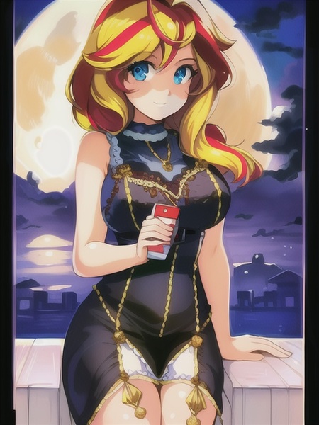 Size: 512x683 | Tagged: safe, ai content, derpibooru import, editor:sammykun, machine learning generated, novelai, stable diffusion, sunset shimmer, human, equestria girls, g4, beautiful, black dress, breasts, busty sunset shimmer, city, cityscape, clothes, cloud, dress, drink, female, gold, humanized, image, jewelry, jpeg, looking at you, moon, night, ponytail, sitting, sleeveless, smiling, solo, tight clothing