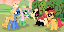 Size: 2504x1264 | Tagged: safe, artist:starvelvetyt, derpibooru import, oc, oc:apple gala, oc:fluorite, oc:rosabella, oc:star velvet, unofficial characters only, alicorn, dracony, earth pony, hybrid, pony, unicorn, alicorn oc, apple, apple tree, badge, base used, cape, clothes, crown, earth pony oc, female, food, freckles, hat, horn, image, interspecies offspring, jewelry, mare, next generation, offspring, parent:applejack, parent:caramel, parent:flash sentry, parent:fluttershy, parent:king sombra, parent:rarity, parent:spike, parent:twilight sparkle, parents:carajack, parents:flashlight, parents:sombrashy, parents:sparity, png, regalia, tree, unicorn oc, wings