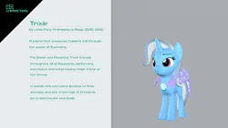 Size: 1280x720 | Tagged: safe, artist:caleanthedisneyfan, derpibooru import, trixie, pony, unicorn, g4, 3d, image, jpeg, solo, text