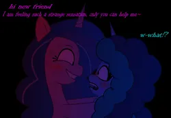 Size: 1387x953 | Tagged: suggestive, artist:isaac_pony, derpibooru import, izzy moonbow, pony, unicorn, g5, my little pony: tell your tale, spoiler:g5, spoiler:my little pony: tell your tale, black background, blushing, dark, dialogue, estrus, female, females only, hi new friend, horn, horny, image, lesbian, misty brightdawn, png, salivating, ship:mizzy, shipping, show accurate, simple background, text