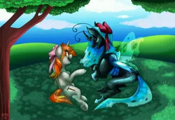 Size: 3829x2618 | Tagged: safe, artist:dragonfoxgirl, derpibooru import, oc, oc:iron filigree, oc:queen fylifa, unofficial characters only, changeling, changeling queen, pony, unicorn, duo, female, high res, horn, image, jpeg, unicorn oc