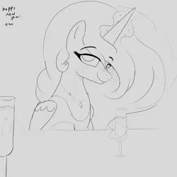 Size: 2000x2000 | Tagged: safe, artist:enonnnymous, derpibooru import, princess celestia, alicorn, pony, g4, 2023, alcohol, blushing, champagne, clothes, dress, eyebrows, eyebrows visible through hair, female, folded wings, glow, glowing horn, high res, horn, image, jewelry, looking at you, magic, magic aura, mare, necklace, new year, png, signature, smiling, smiling at you, solo, telekinesis, wine, wings