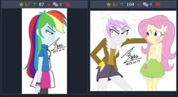 Size: 513x281 | Tagged: safe, artist:bluse, artist:enrique zx, derpibooru import, fluttershy, gilda, rainbow dash, human, derpibooru, twibooru, equestria girls, g4, 2023, abuse, angry, background removed, bruised, bully, bullying, caught, clothes, crying, cutie mark, cutie mark on clothes, derpibooru exclusive, equestria girls-ified, female, flutterbuse, glare, gritted teeth, if looks could kill, image, juxtaposition, korean, meta, midriff, moon runes, now you fucked up, png, show accurate, signature, simple background, skirt, sweat, tanktop, teeth, tranquil fury