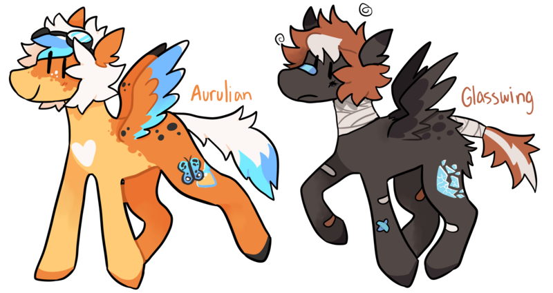 Size: 1600x850 | Tagged: safe, artist:catastrophyte, derpibooru import, oc, unofficial characters only, pegasus, pony, adoptable, bandage, bandaged neck, brown mane, duo, goggles, goggles on head, image, orange coat, pegasus oc, png, simple background, smiling, tail, transparent background, two toned tail, white tail, wings