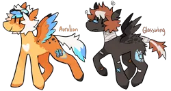 Size: 1600x850 | Tagged: safe, artist:catastrophyte, derpibooru import, oc, unofficial characters only, pegasus, pony, adoptable, bandage, bandaged neck, brown mane, duo, goggles, goggles on head, image, orange coat, pegasus oc, png, simple background, smiling, tail, transparent background, two toned tail, white tail, wings