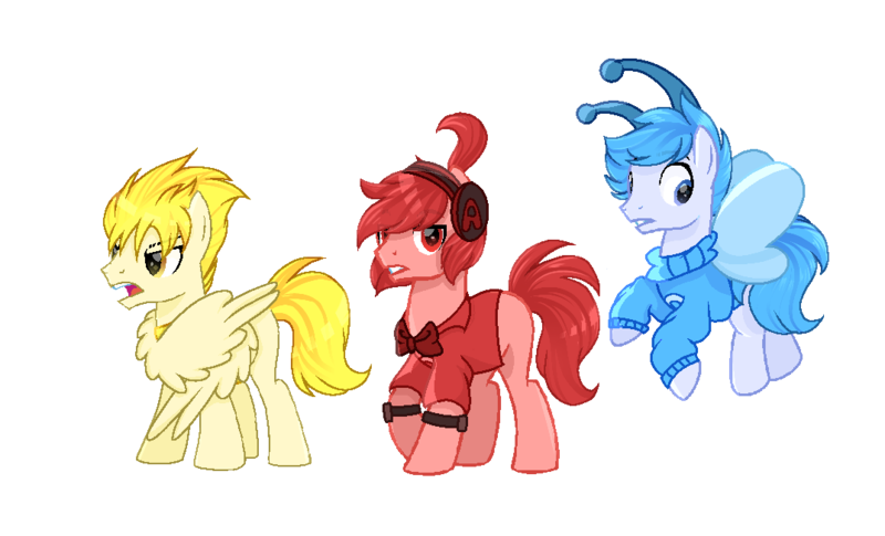 Size: 1074x651 | Tagged: safe, artist:diniarvegafinahar, derpibooru import, part of a set, ponified, breezie, earth pony, pegasus, pony, a, alphabet lore, bowtie, c, clothes, flying, headphones, image, jacket, male, png, simple background, species swap, stallion, transparent background, trio, trio male, wings, 🅱