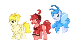 Size: 1074x651 | Tagged: safe, artist:diniarvegafinahar, derpibooru import, part of a set, ponified, breezie, earth pony, pegasus, pony, a, alphabet lore, bowtie, c, clothes, flying, headphones, image, jacket, male, png, simple background, species swap, stallion, transparent background, trio, trio male, wings, 🅱