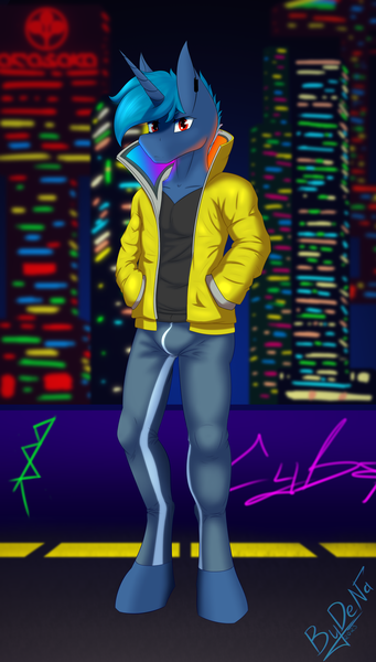 Size: 3240x5704 | Tagged: safe, artist:bydena, derpibooru import, oc, oc:bydena, unofficial characters only, anthro, pony, unicorn, anthro oc, blue hair, clothes, crotch bulge, cyberpunk, denim, ear piercing, earring, graffiti, horn, image, jacket, jeans, jewelry, male, neon, night, pants, piercing, png, red eyes, shirt, solo, stallion, t-shirt, unicorn oc