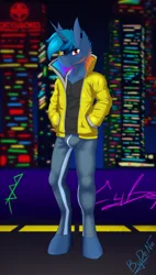 Size: 3240x5704 | Tagged: safe, artist:bydena, derpibooru import, oc, oc:bydena, unofficial characters only, anthro, pony, unicorn, anthro oc, blue hair, clothes, crotch bulge, cyberpunk, denim, ear piercing, earring, graffiti, horn, image, jacket, jeans, jewelry, male, neon, night, pants, piercing, png, red eyes, shirt, solo, stallion, t-shirt, unicorn oc