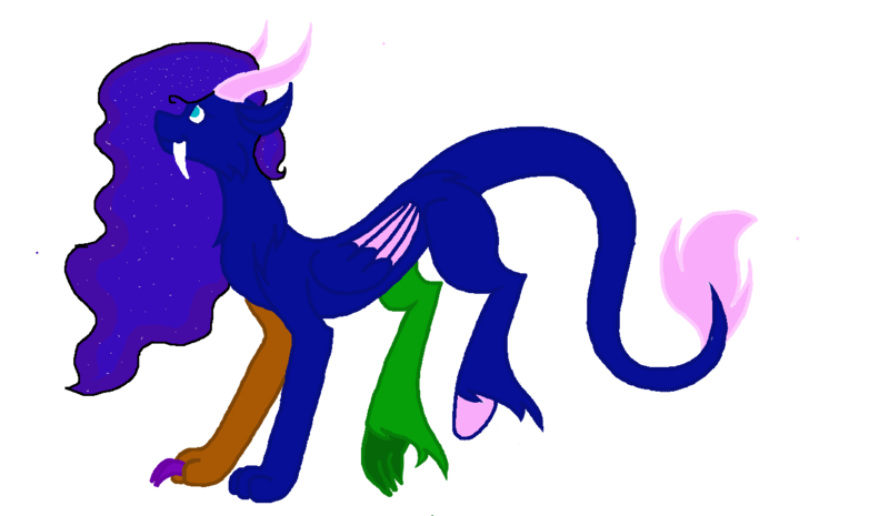 Size: 1354x787 | Tagged: safe, artist:princessmoonlight, derpibooru import, oc, unofficial characters only, draconequus, blue coat, blue eyes, claws, dragon tail, ethereal mane, folded wings, horns, image, looking up, paws, pegasus wings, png, simple background, smiling, solo, starry mane, tail, tooth, transparent background, wings, wings down