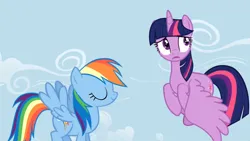 Size: 1280x720 | Tagged: safe, derpibooru import, screencap, rainbow dash, twilight sparkle, twilight sparkle (alicorn), alicorn, pony, g4, testing testing 1-2-3, image, png