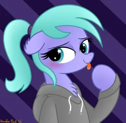 Size: 3016x2942 | Tagged: safe, artist:rainbowšpekgs, derpibooru import, icy rain, pegasus, pony, :p, bedroom eyes, blushing, bust, chest fluff, clothes, cute, female, high res, hoodie, image, mare, png, ponytail, tongue out